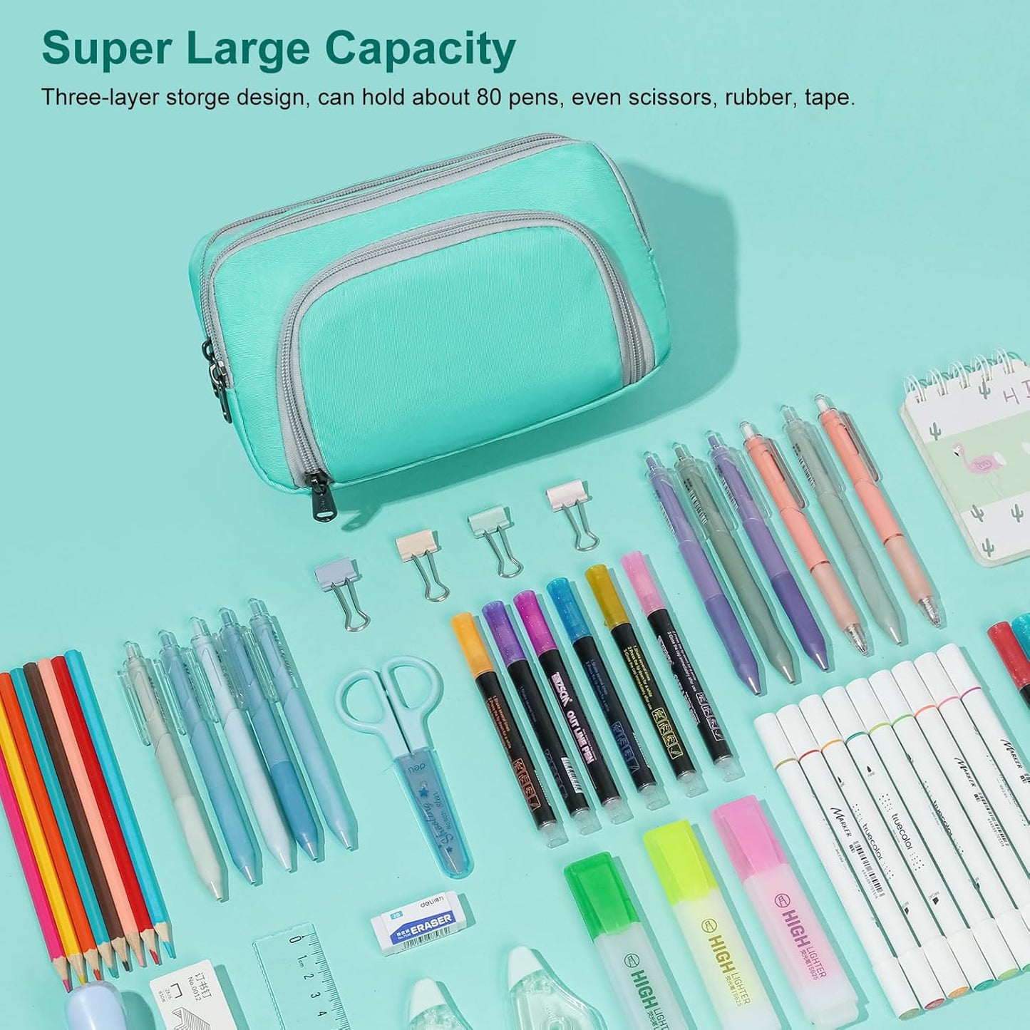 XQXA Pencil Pouch Large Capacity Pencil Case Organizer, Multifunctional Pencil Pouch with 3 Compartmens, Big pencil bags with zipper Office Travel Men Women (01-Mint Green)
