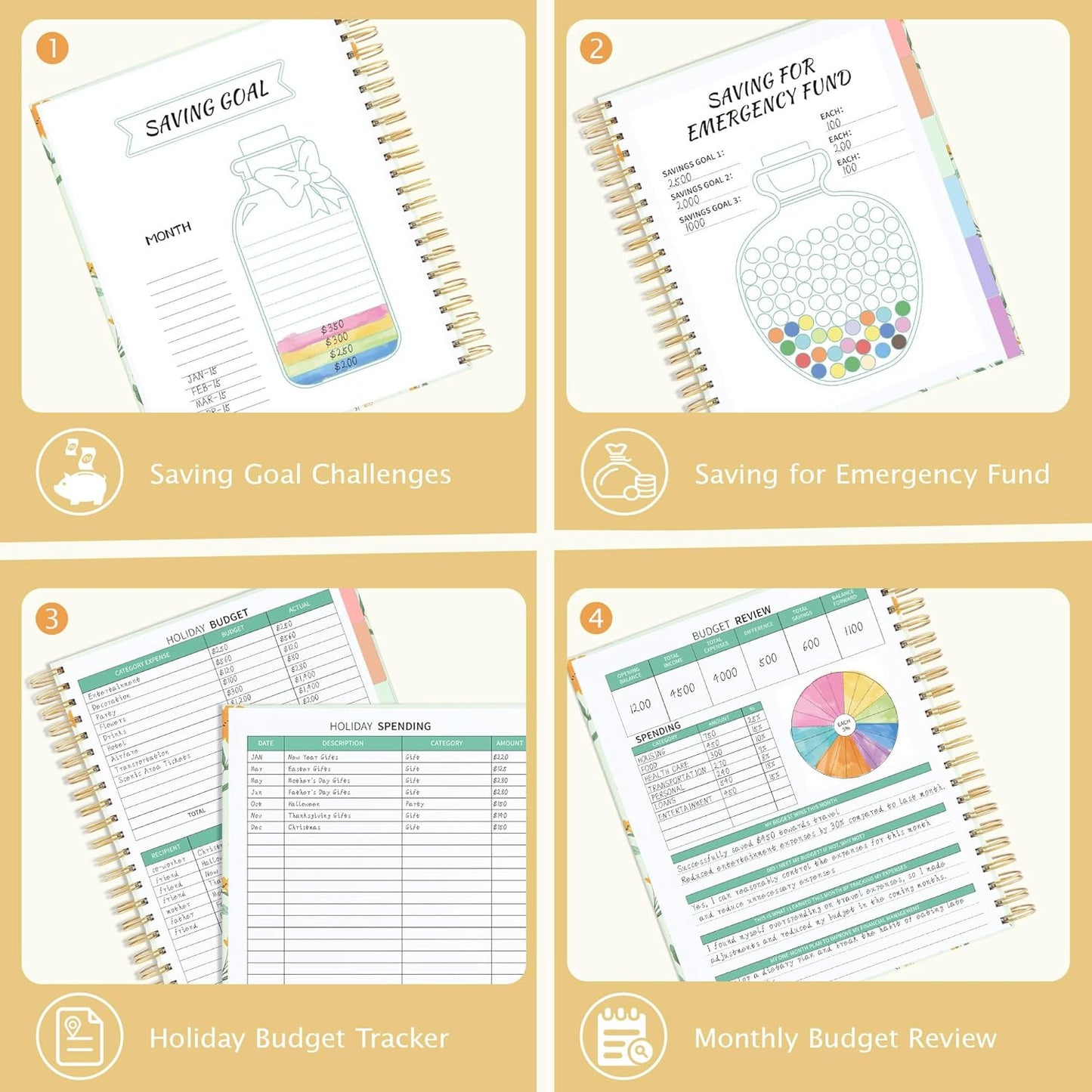 Ospelelf Budget Planner - Monthly Budget Book with Expense Tracker Notebook, Undated 12 Month Bill Organizer & Finance Planner, A4 Account Book with 12 Index Pockets, Zipper Pouch, Stickers Floral 1