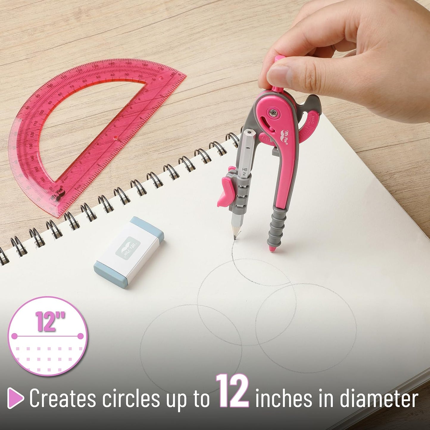 Mr. Pen- Compass and Protractor Set, Vivid Cerise, Compass Geometry Tool, Protractor and Compass Set, Compass Drawing Tool, Drawing Compass, Geometry Compass, Math Compass for Geometry