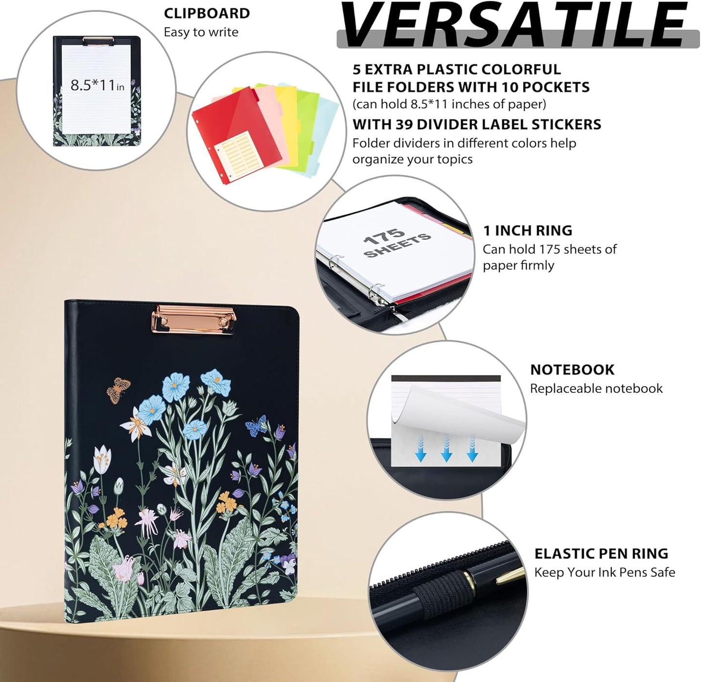 Leather Clipboard with Storage, Zippered Padfolio Portfolio Organizer, 3 Ring Binder 1 Inch, Notepad, Tablet Sleeve, 5 Dividers with Pocket, Stickets for Office Nurses Students, Teachers Night Flowers