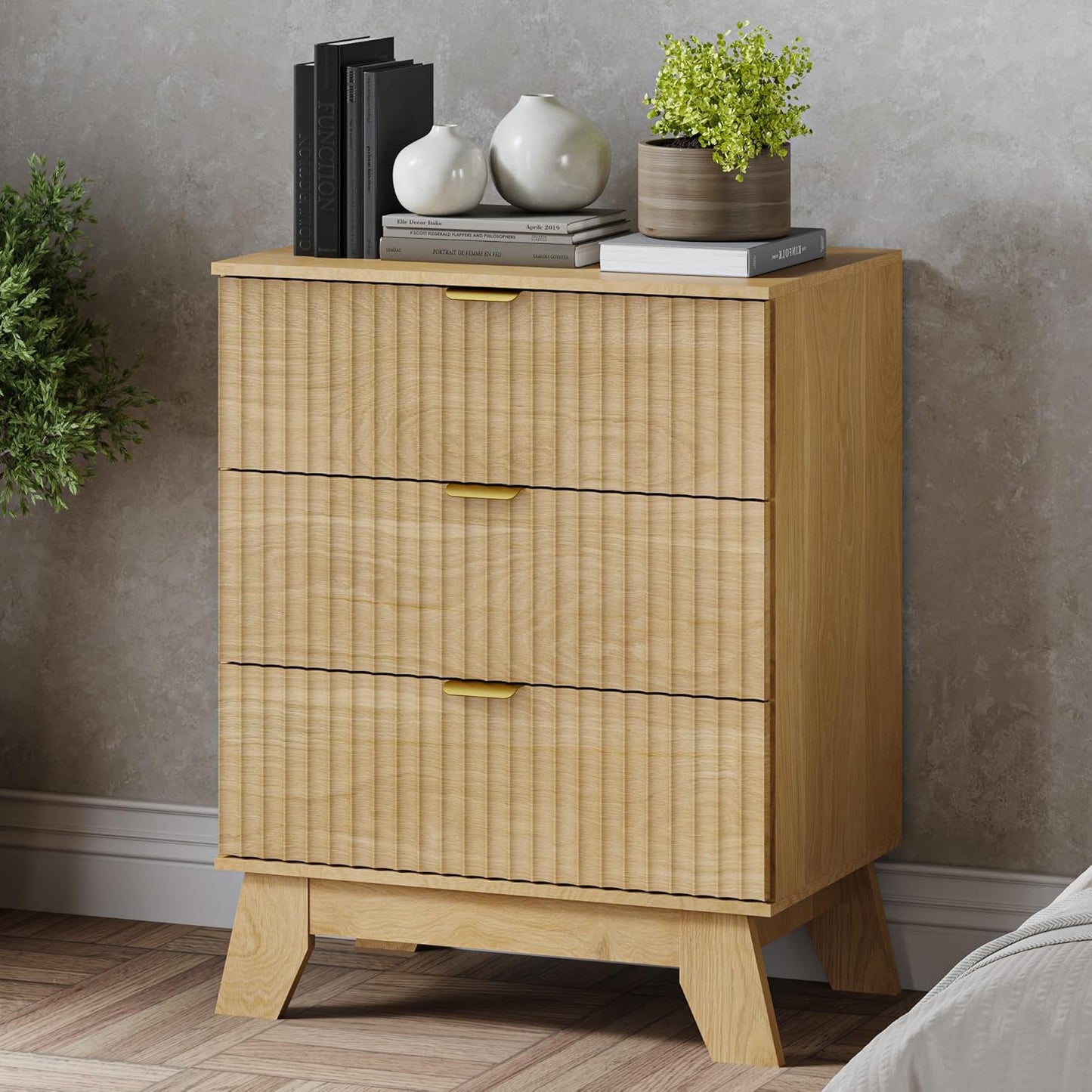 Fluted 3 Drawer Dresser, 30.3" Tall Compact Modern Boho Chest of Drawers, Wooden Storage Cabinet for Bedroom, Living Room, Entryway, Curved Profile Design