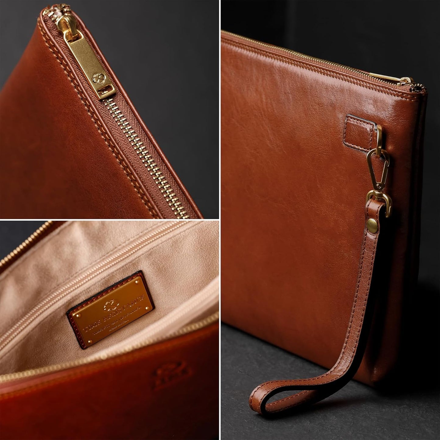 Time Resistance Leather Clutch for Men Organizer Wrist Bag Briefcase Handmade in Italy