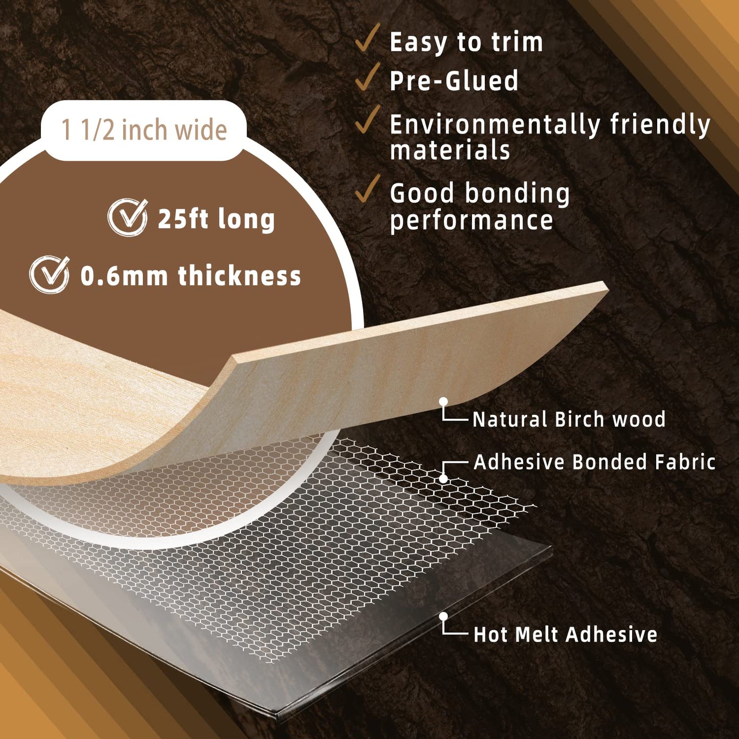 GSCIT Club Birch Edge Banding, 1 1/2 inch x 25ft roll of Veneer Edge Banding Preglued Flexible, Real Wood Tape Banding