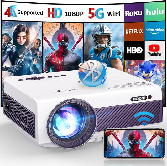 Projector with WiFi and Bluetooth, FUDONI 5G WiFi Native 1080P Outdoor Projector 15000L Support 4K, Portable Movie Projector with Keystone & Zoom, for iOS/Android/Laptop/TV Stick/HDMI/USB/VGA/TF