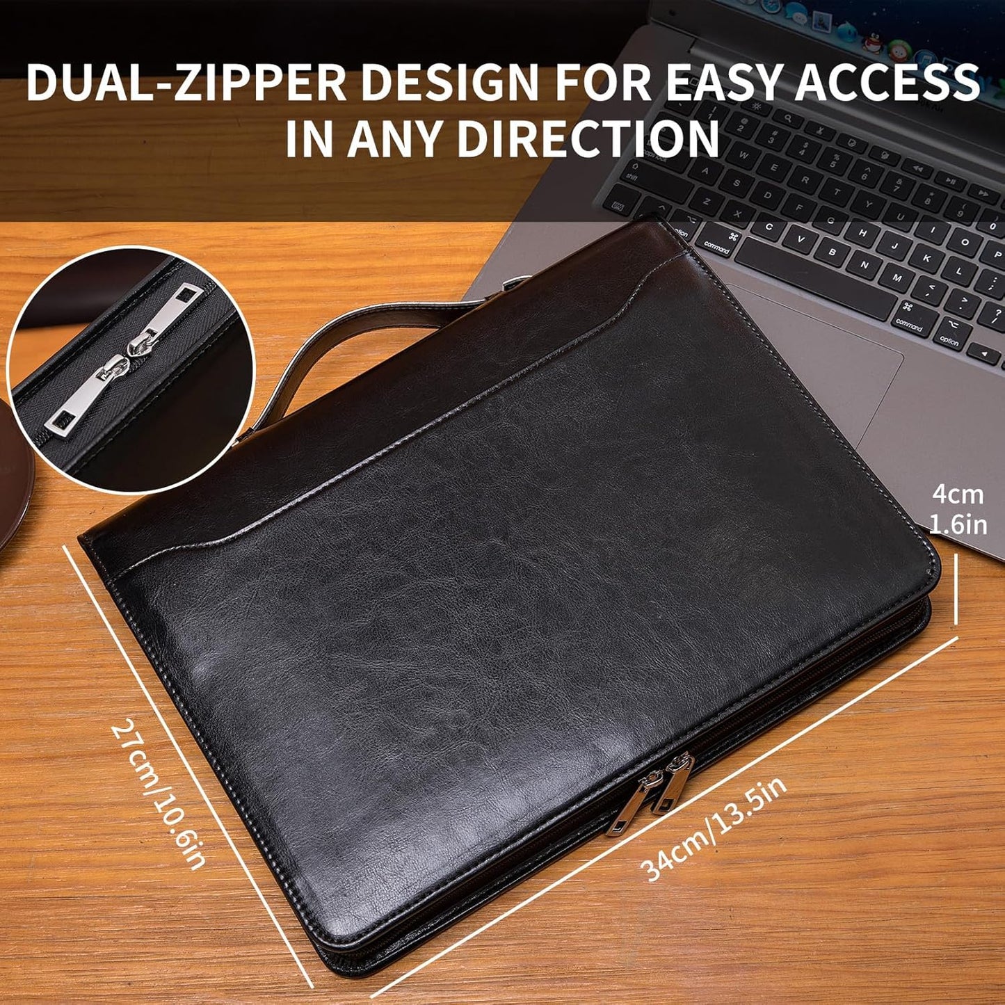 Personalized Vegan Leather Portfolio with Hidden Handle, Front Pocket, Custom Business Padfolio Tablet/13” Laptop Organizer, Professional Executive Document Folio, Black