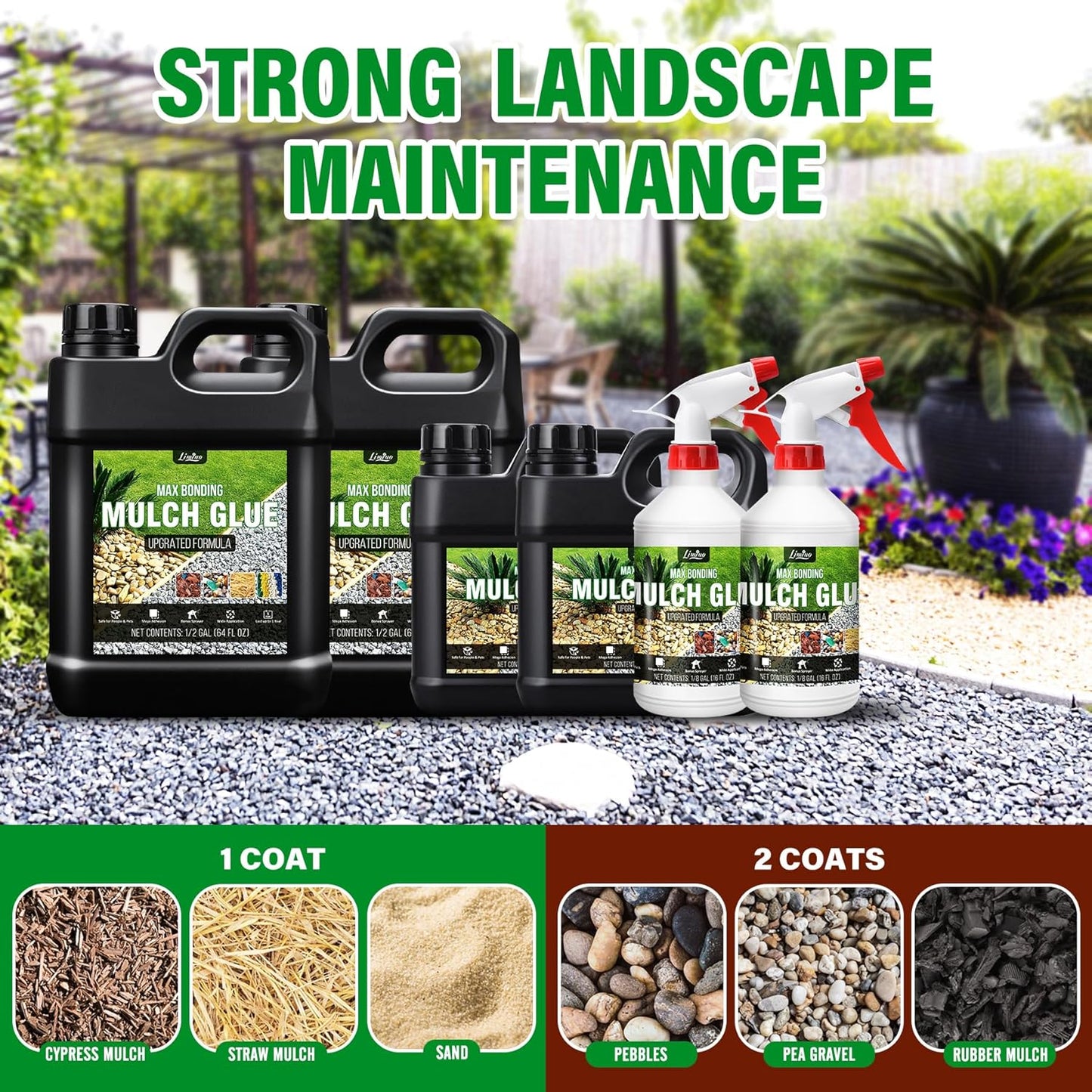 Mulch Glue - 32oz Concentrate Gravel Glue Strong Landscape Adhesive with Applicator for Landscaping, Garden - Safe Ready to Use Mulch Lock Gravel Stabilizer Glue for Pea Gravel, Rock, Leaf, Bark