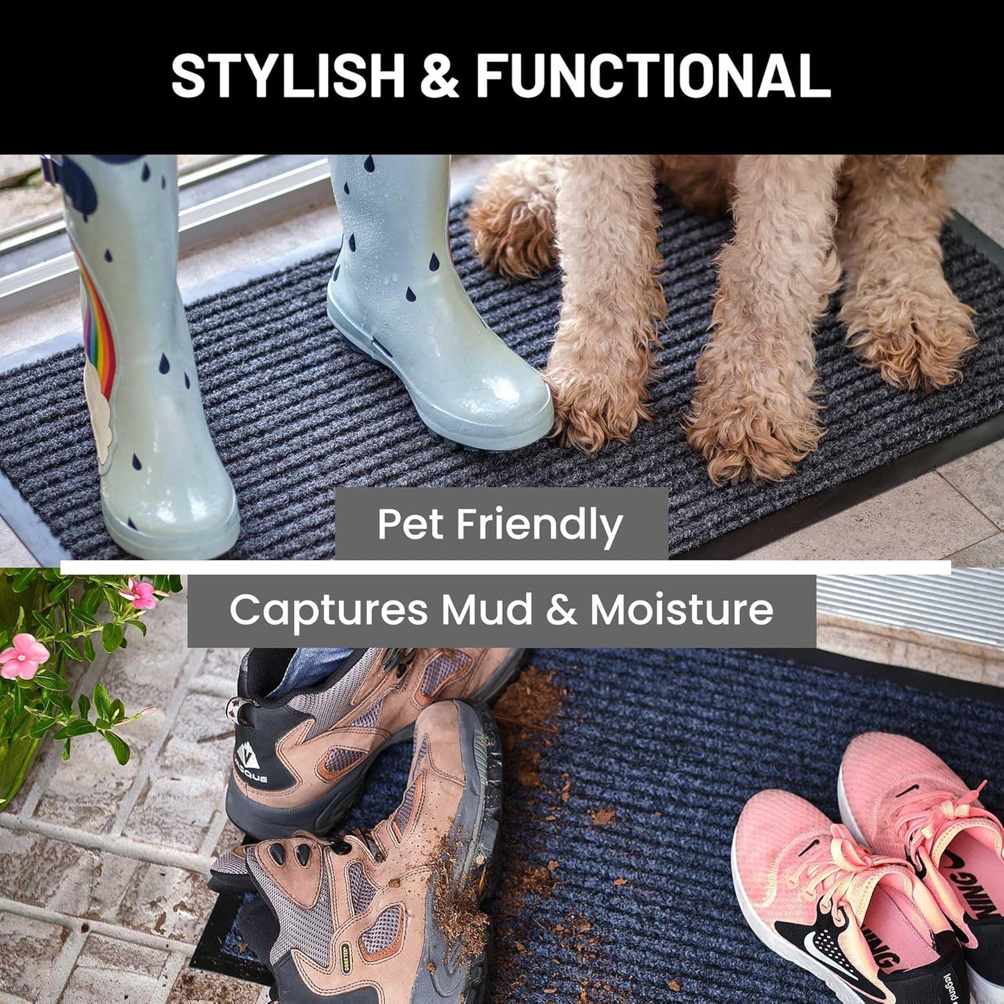 Sierra Concepts Front Door Mat Welcome Mats 2-Pack - Indoor Outdoor Entryway Mats for Shoe Scraper, Ideal for Inside Outside Home High Traffic Area, Battleship Gray 30 Inch x 17 Inch