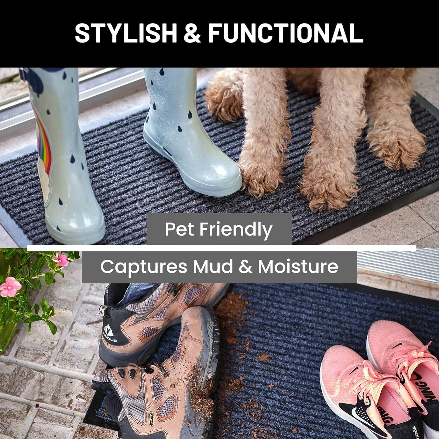 Sierra Concepts Front Door Mat X-Large Welcome Floor Mats - Entryway Indoor Outdoor Entrance Doormat, Patio, Porch, Muddy Dog Shoe, Inside Outside Low Profile 48x36in, 2-Pack Steel Gray