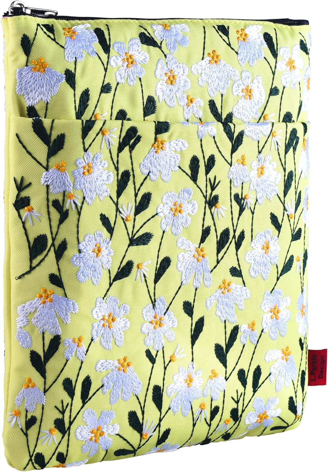 LParkin Daisy Flower Embroidery Book Sleeve with Zipper for Readers Protector Cover Gift for Book Lovers, 11x 8.5 Inch Washable Fabric, Daisy White(White)