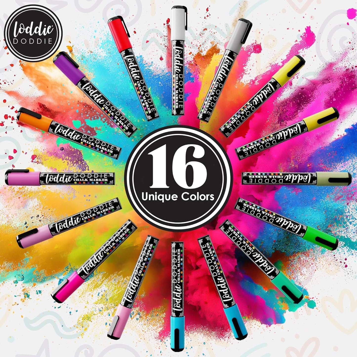 Loddie Doddie Chalk Markers - Pack of 16, 6mm Reversible Bullet & Chisel Tips - Non-Toxic Dust-Free Erasable Liquid Chalk Ink - Dry Erase Markers for Glass, Windows & Whiteboards