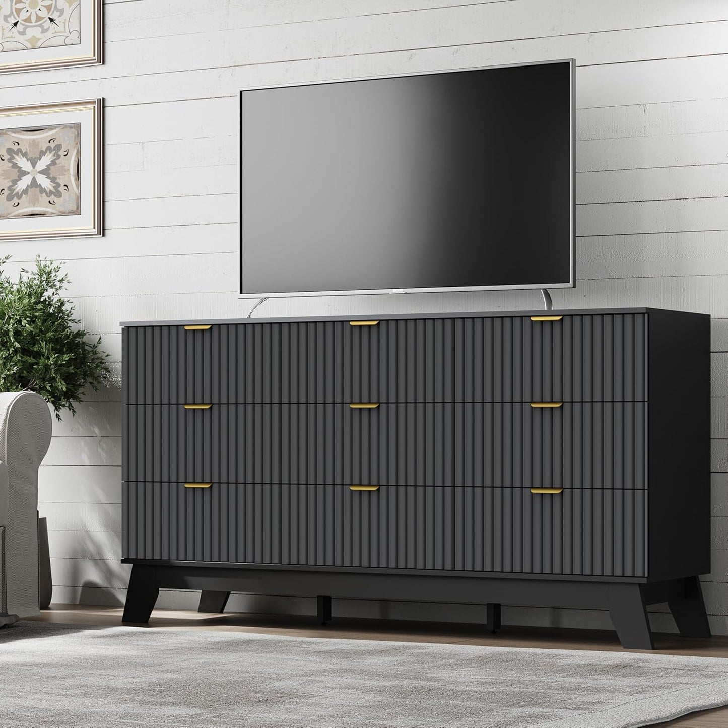 Fluted 9 Drawer Dresser, 57.1" Wide Modern Boho Chest of Drawers, Wooden Storage Dresser TV Stand for Bedroom, Living Room, Closet, Hallway, Curved Profile Design