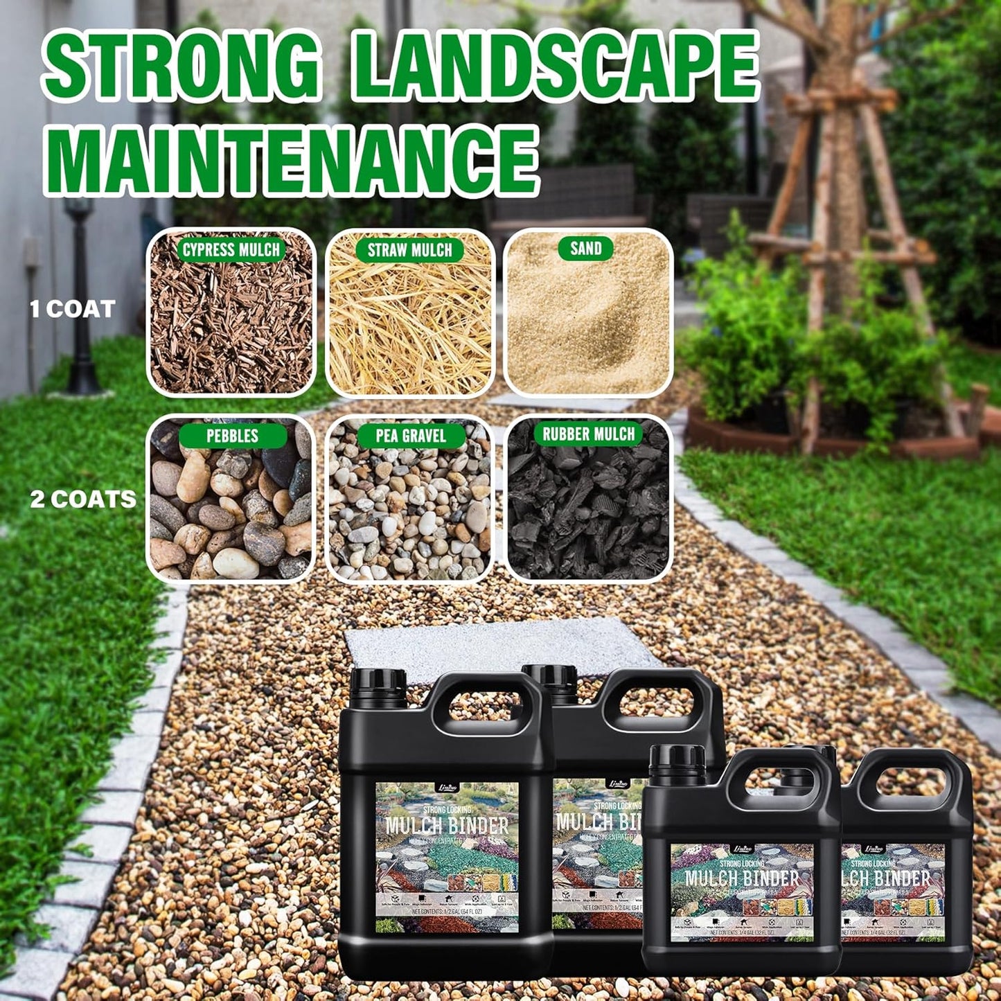 Mulch Glue - 0.5 Gallon / 64oz Mulch Adhesive Gravel Binder with Applicator for Landscaping, Garden - Non Toxic Ready to Use Landscape Lock Glue Mulches Stabilizer for Pea Gravel, Rock, Stones, Bark