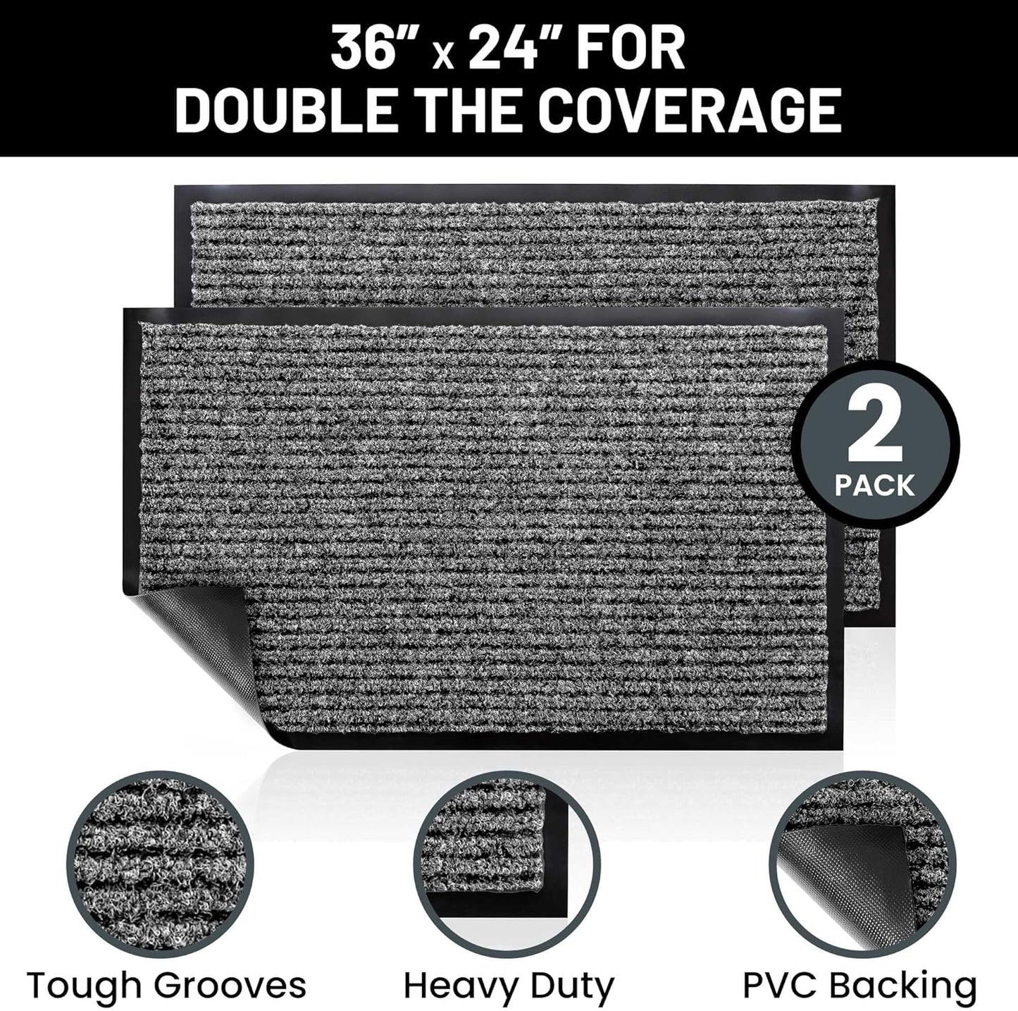 Sierra Concepts Front Door Mat Welcome Floor Mats - Entryway Indoor Outdoor Entrance Doormat, Patio, Porch, Muddy Shoe, Inside Outside Low Profile, Large 36x24 inches, 2-Pack Gray