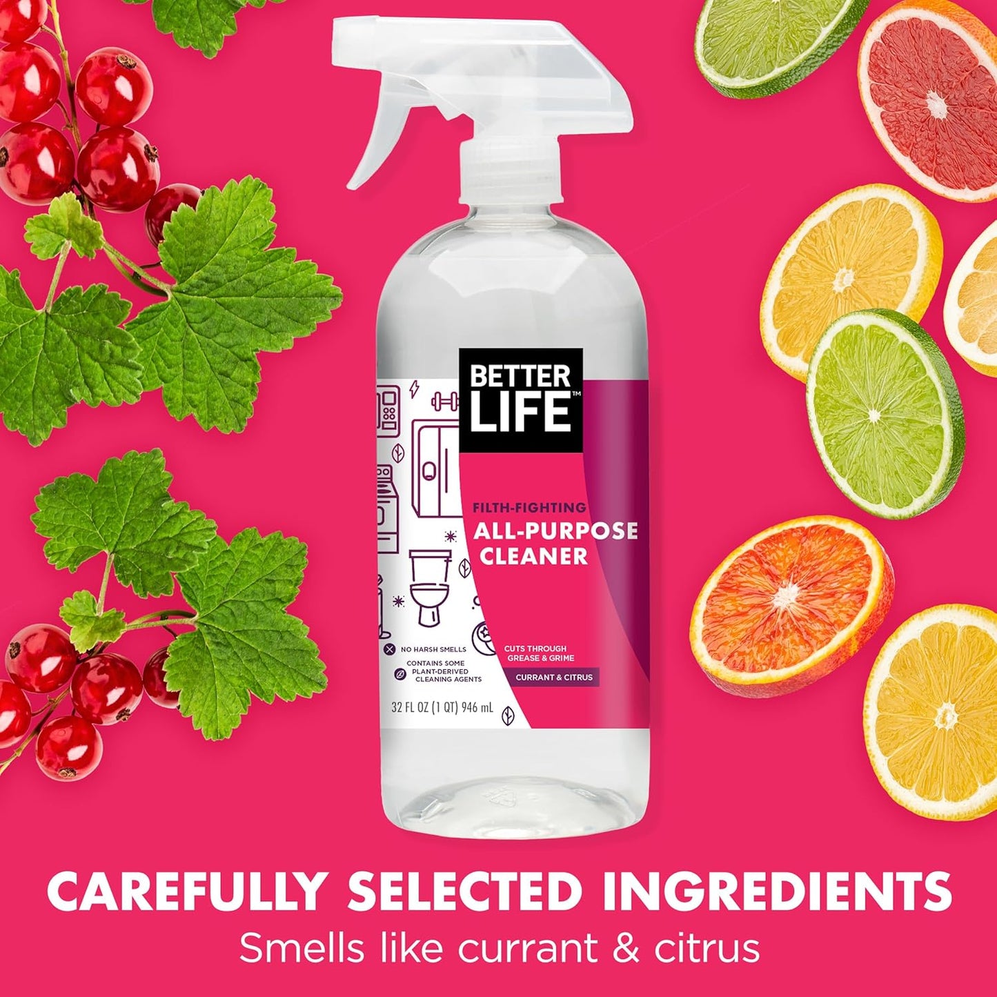 Better Life Multi Surface Cleaner - Plant Derived Cleaner Spray, Non-Toxic All Purpose Cleaners, Eco-Friendly Non Toxic Cleaning Supplies for Home, Currant and Citrus Scent, 32 Fl Oz